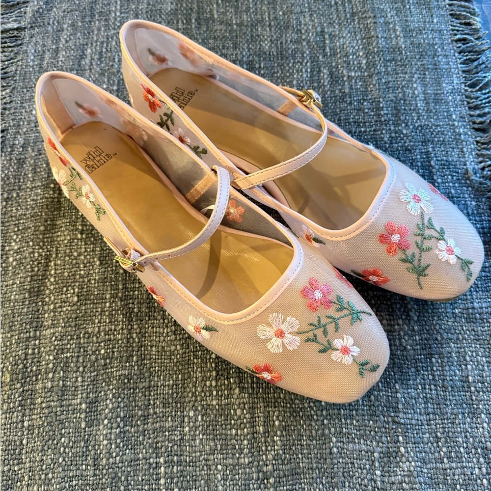 Mesh Floral Embroidered Mary Jane Flats